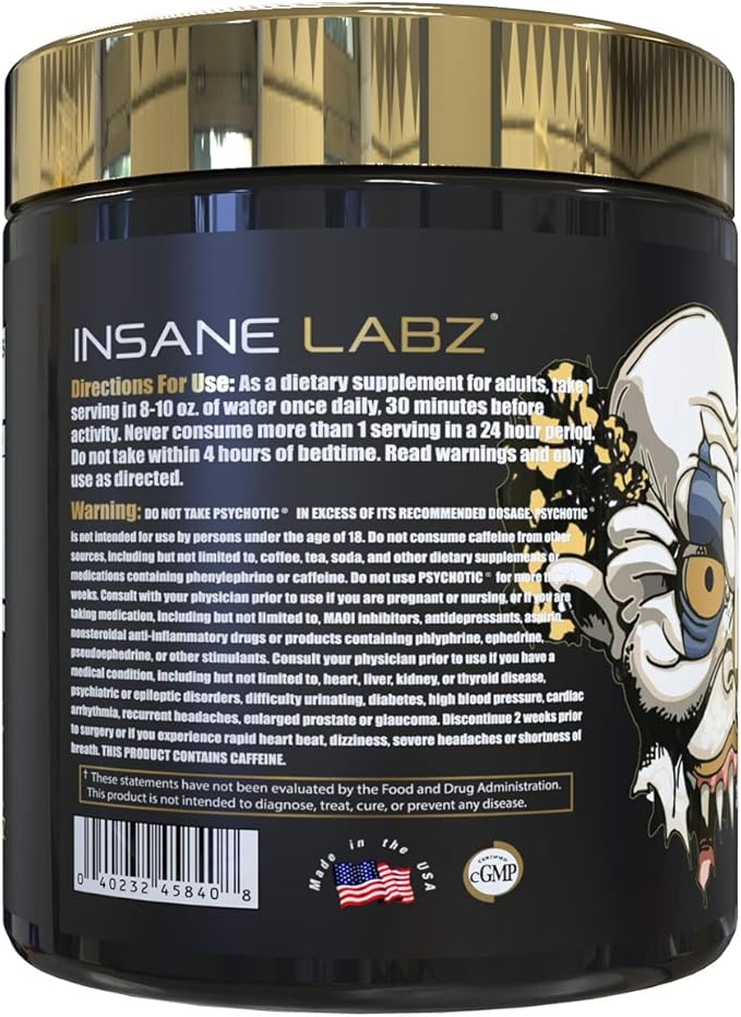 Insane Labz Psychotic Gold, High Stimulant Pre Workout Powder, Extreme Lasting Energy Focus, Pumps