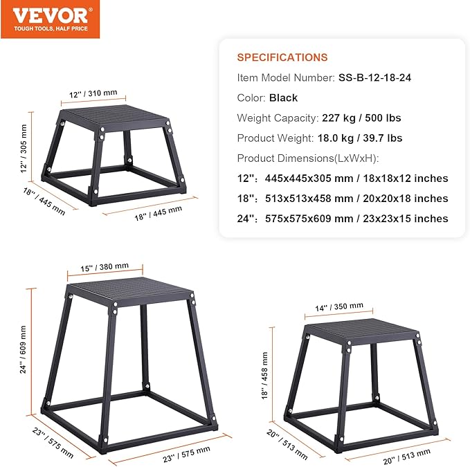 VEVOR Plyometric Jump Box, 18 Inch Plyo Box, Steel Plyometric Platform and Jumping Agility Box
