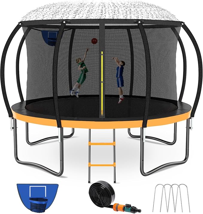 14FT & 16FT Trampoline for Kids & Adults, Big Round Trampoline with Basketball Hoop, Sprinkler &