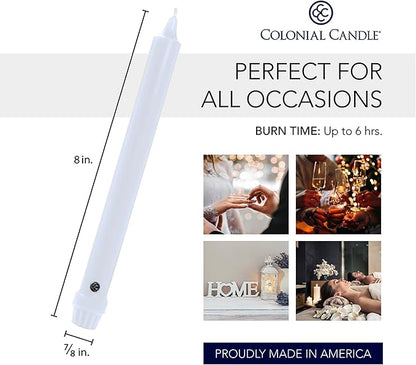 Colonial Candle Unscented Taper Candle, Classic Collection, White, 8 In, Pack of 12 - Up to 6 Hours