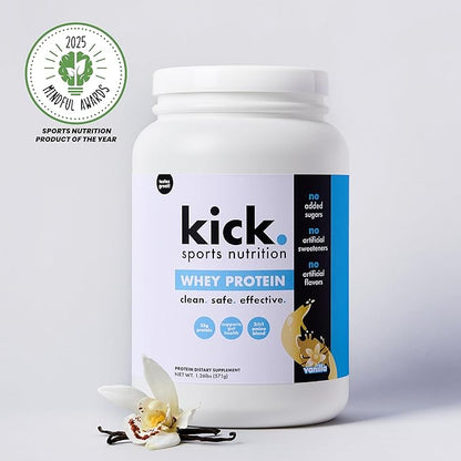 Kick Whey Protein Powder, Vanilla Flavor, 25 G Protein, Gluten Free Workout Supplement With Amino