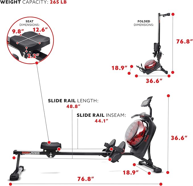 Sunny Health & Fitness Elite Water Rowing Machine with High Dynamic Resistance Vertical Tank
