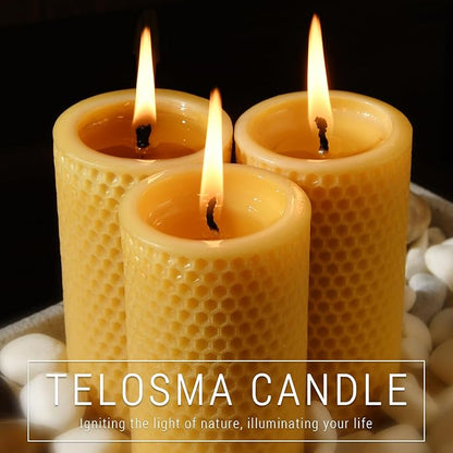 Pure Natural Beeswax Pillar Candles - Pack of 3 - Honeycomb Surface, No Scent- for