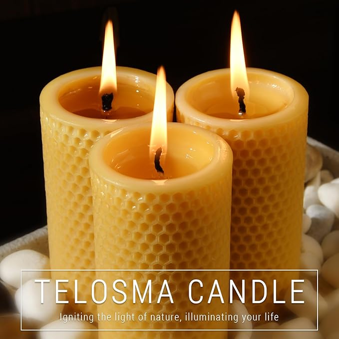 Natural Beeswax Pillar Candles 4 Packs - Honeycomb Surface - 100% Pure Beeswax Candles No Scent