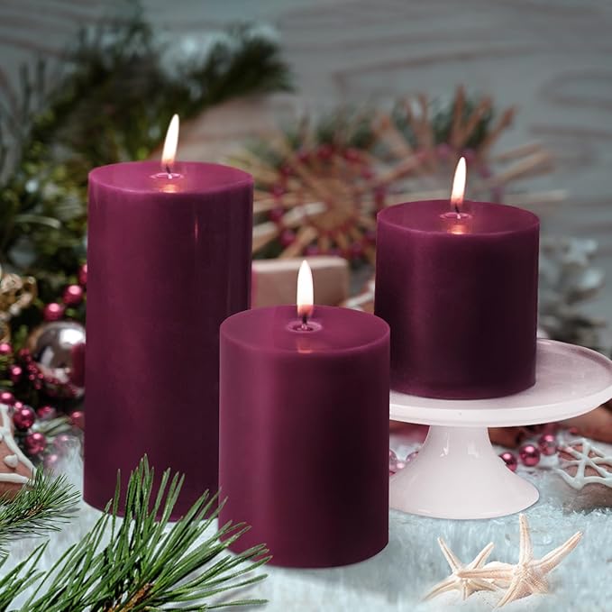 KONNI Purple Pillar Candles Set of 3, 3"x 4" Unscented Pillar Candles Bulk, 39 Hours Long Burning