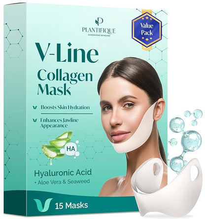 PLANTIFIQUE V-Line Collagen Mask for face 15 PCS | Chin Strap for Women & Men | V Line Lifting Mask