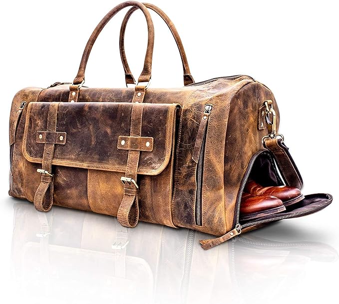 KomalC 24 Inch Leather Duffel Bags for Men and Women Full Grain Leather Travel Overnight Weekend