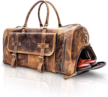 KomalC 24 Inch Leather Duffel Bags for Men and Women Full Grain Leather Travel Overnight Weekend
