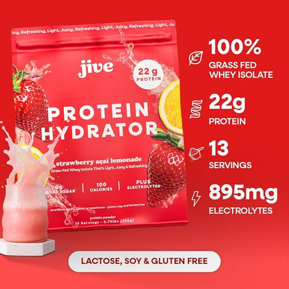 Jive Clear Protein Powder - 22g Grass-Fed Whey Isolate, 13 Servings - Strawberry Acai Lemonade