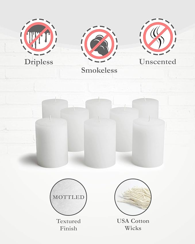 Mottled Pillar Candles by Bask - Set of 8-3" x 4" Dripless Unscented Candles in White for Home