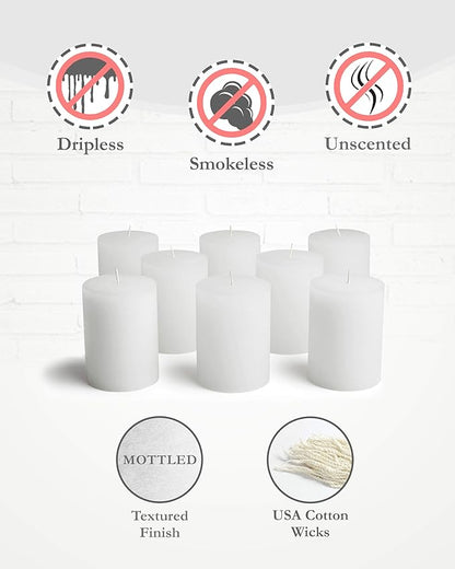 Mottled Pillar Candles by Bask - Set of 8-3" x 4" Dripless Unscented Candles in White for Home