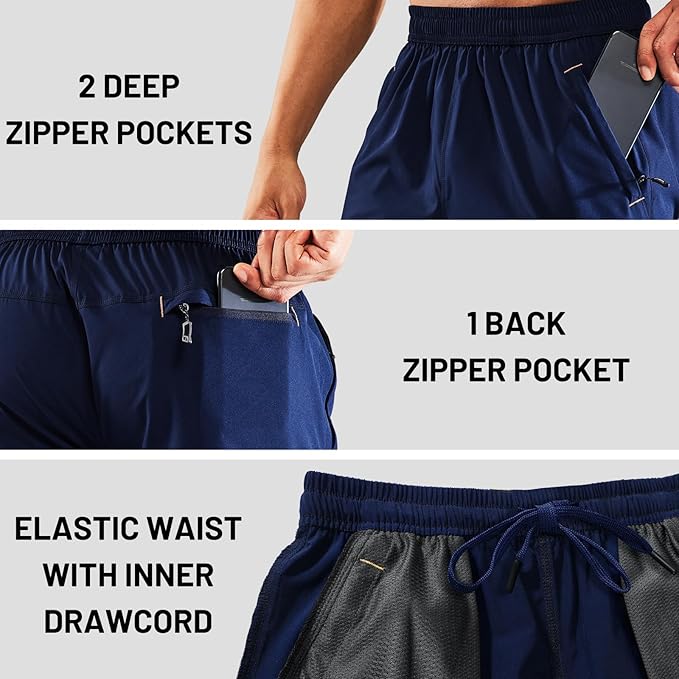 MIER Men's Quick Dry Running Shorts with Zipper Pocket, Elastic Waist Athletic Workout Exercise