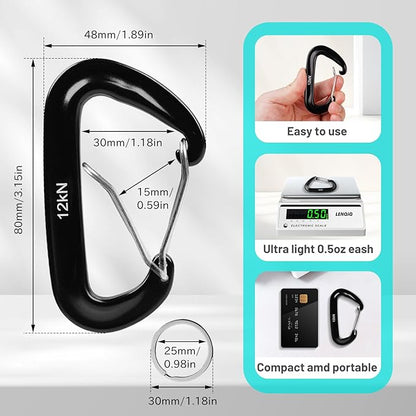 4-Pack Carabiner Clips Heavy Duty-12KN, 7075 Aircraft Aluminum Carabiners with Wiregate