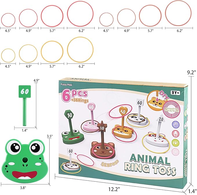 Animal Ring Toss Game Toy Set for Kids, 6 Targets Stands & 36 Rings Combo, Indoor Outdoor Party
