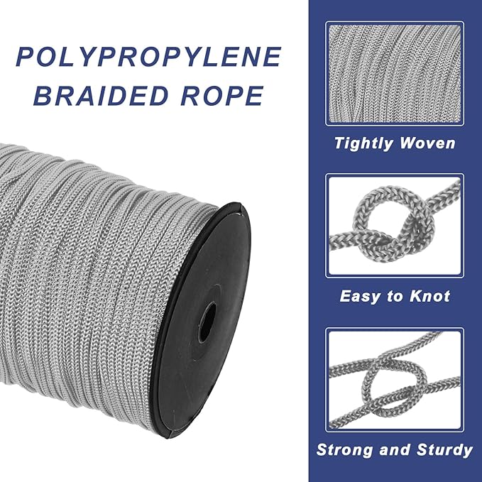 MECCANIXITY 3/16 Inch Polypropylene Rope Braided Ropes, 328ft Nylon Rope Hollow Utility Cord for