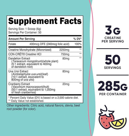 Nutricost Creatine Monohydrate Powder for Women, Micronized, Strawberry Lemonade, 50 Servings