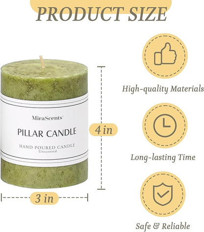 3x4 inch Green Pillar Candles Set of 3, Unscented Pillar Candle, Dripless and Smokeless Large
