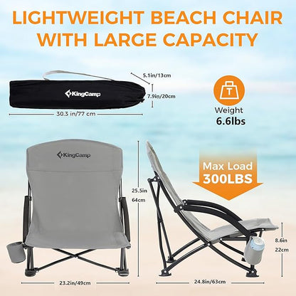 KingCamp Low Beach Chairs, Portable Folding Chair for Adults Extra Wide Ergonomic High Back Seat