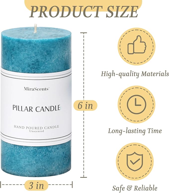 3x6 inch Blue Pillar Candles Set of 3, Unscented Pillar Candle, Dripless and Smokeless Large