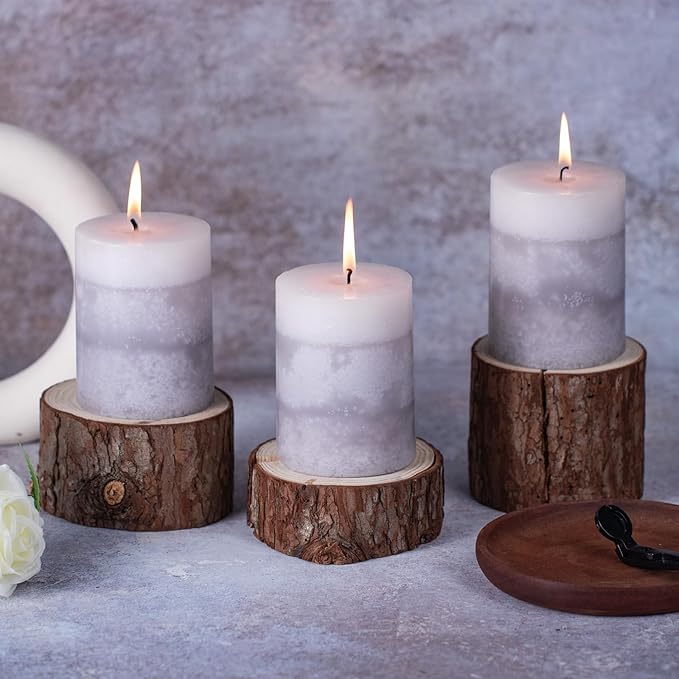 KONNI Gray Layered Pillar Candles Set of 3, 3"x 4" Unscented Pillar Candles Bulk, 39 Hours Long
