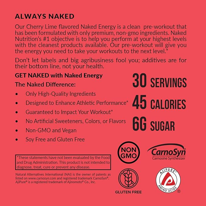 NAKED Cherry Lime Energy - Clean Pre Workout Supplement for Men and Women, Vegan Friendly, No Added