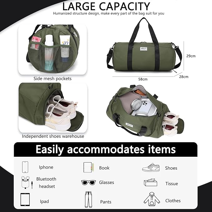 BE SMART Waterproof Mens Gym Bag with Shoe Compartment, Duffle Bag with Wet Pocket for Men