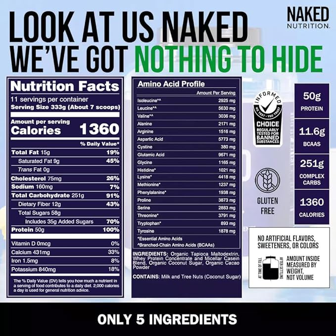 NAKED Chocolate Mass Gainer - All Natural Weight Gainer Protein Powder - 8lb Bulk, GMO Free, Gluten