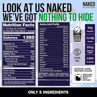 NAKED Chocolate Mass Gainer - All Natural Weight Gainer Protein Powder - 8lb Bulk, GMO Free, Gluten