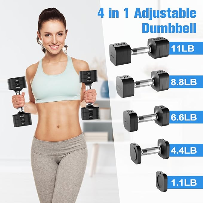 22LBS Adjustable Dumbbells Set, Adjustable Weight Dumbbells with 4 Levels 4.4lb, 6.6lb, 8.8lb