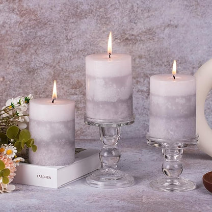 KONNI Gray Layered Pillar Candles Set of 3, 3"x 4" Unscented Pillar Candles Bulk, 39 Hours Long