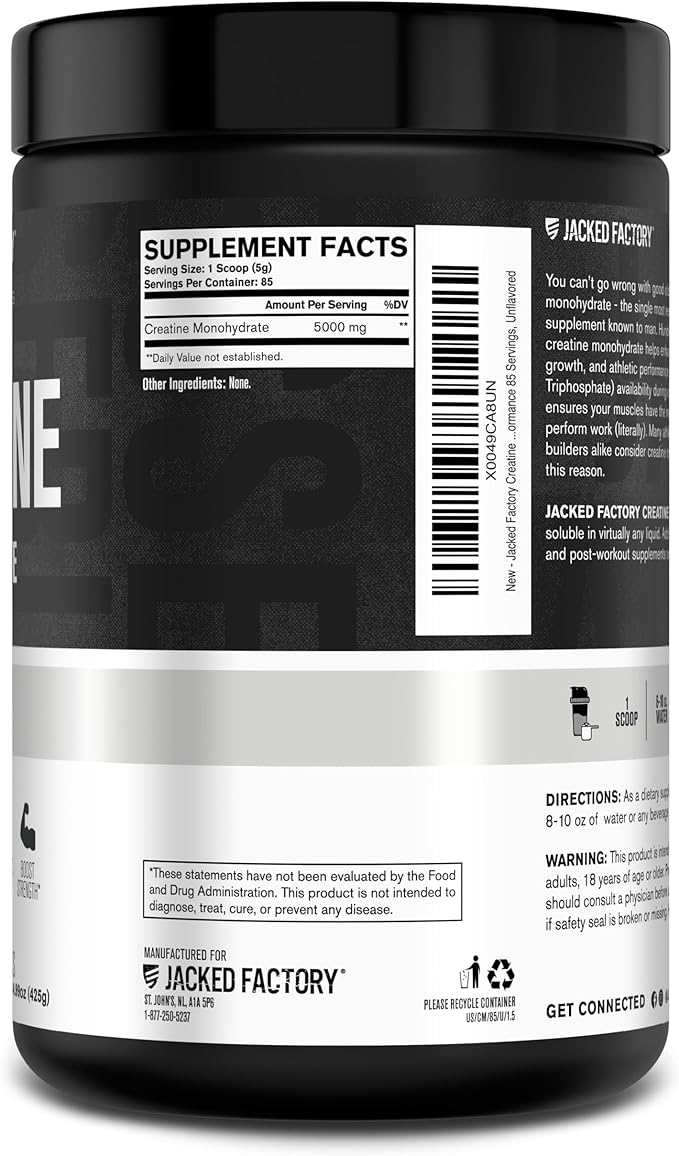 Jacked Factory Creatine Monohydrate Powder 425g - 5g Daily Creatine Supplement for Men and Women