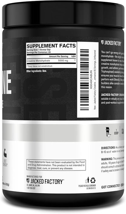 Jacked Factory Creatine Monohydrate Powder 425g - 5g Daily Creatine Supplement for Men and Women