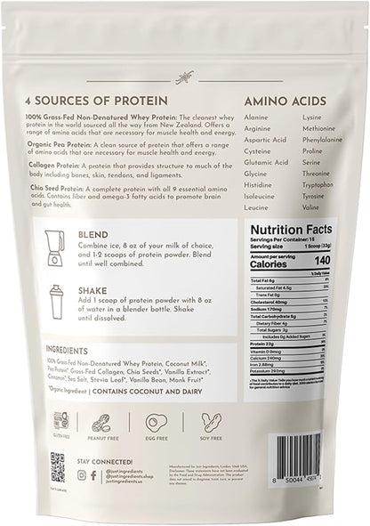 JUST INGREDIENTS Protein Powder | Vanilla Protein Powder Made with 100% Grass Fed, Non Denatured
