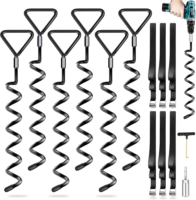Trampoline Stakes Heavy Duty Trampoline Anchors Kit, Spiral Screw In Ground Anchors with Straps