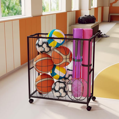 Ball Storage Bin Rolling Sports Ball Cart, Metal Garage Organizer Sport Rack, Ball Basket Storage
