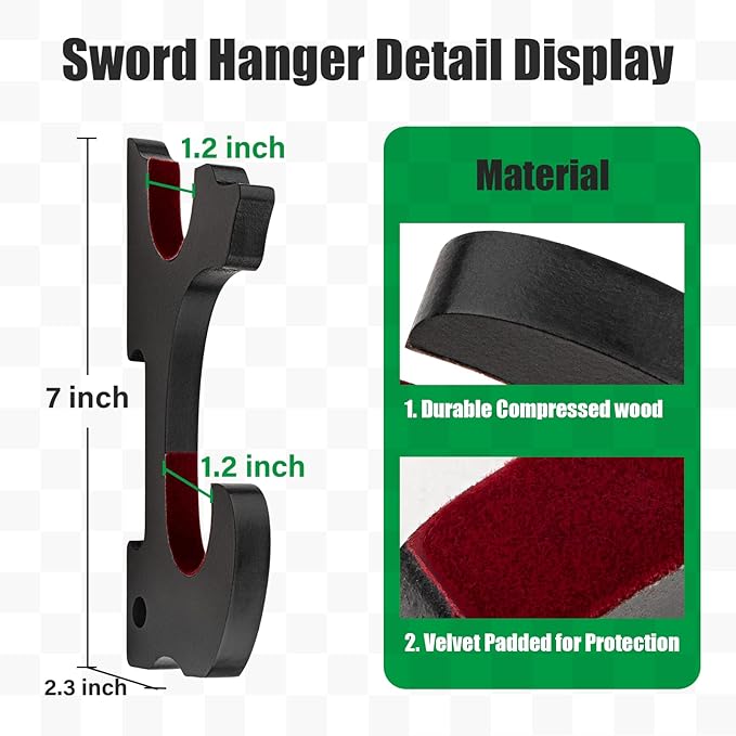 Sword Holder Wall Mount 2-Tier Velvet Padded Hook Katana Holder Adjustable Display Hanger for