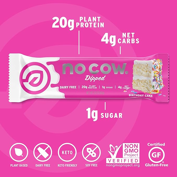 No Cow Vegan Protein Bars, Upgraded Birthday Cake | 20g Plant Based Protein, Gluten Free, Dairy