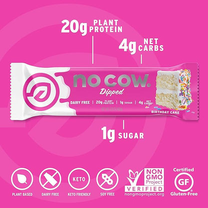 No Cow Vegan Protein Bars, Upgraded Birthday Cake | 20g Plant Based Protein, Gluten Free, Dairy