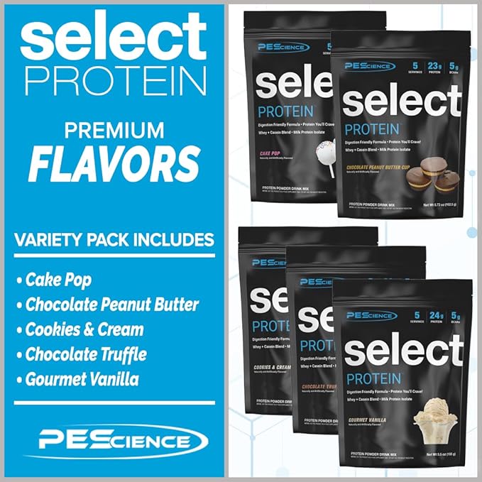 PEScience Select Protein Powder Variety Pack - 5 Flavors - 25 Servings - Protein Powder Sample