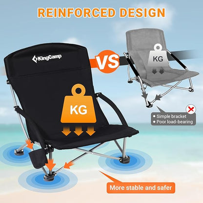 KingCamp Low Beach Chairs, Portable Folding Chair for Adults Extra Wide Ergonomic High Back Seat
