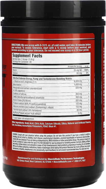 MuscleMeds Nitrotest Pre-Workout Supplement Drink, Boost Nitric Oxide, Testosterone, Blue