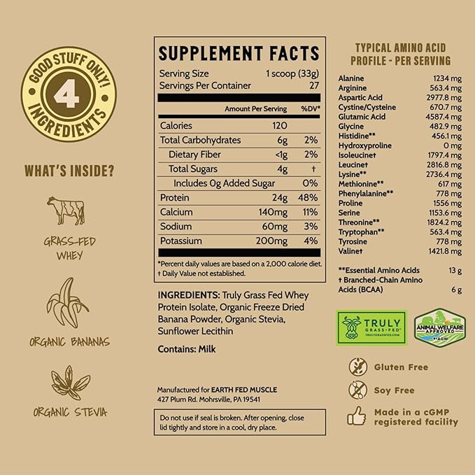 Earth Fed Muscle Go!?¯Bananas Irish Grass?‘Fed Whey Protein Isolate ??All Natural Banana Flavor