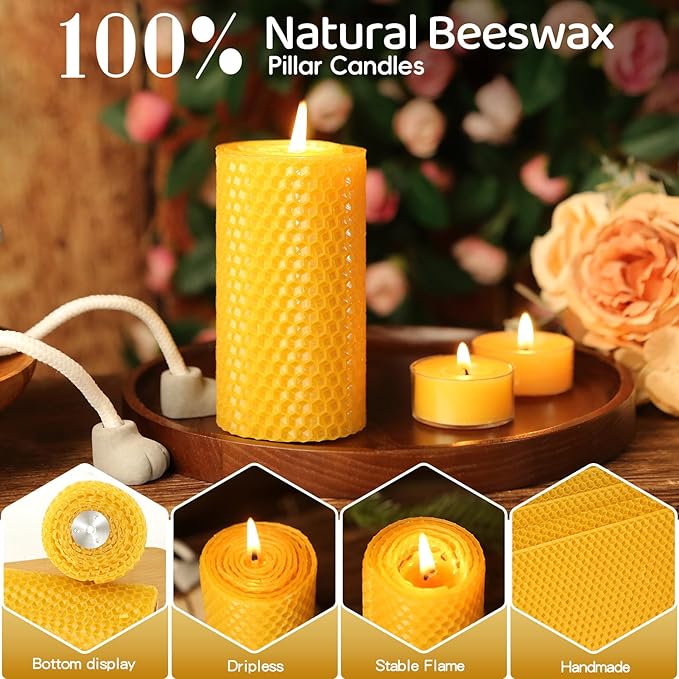 12 Pack Honeycomb Beeswax Candles,240 Hours Long Burning Natural Handmade Beeswax Rolled Pillar