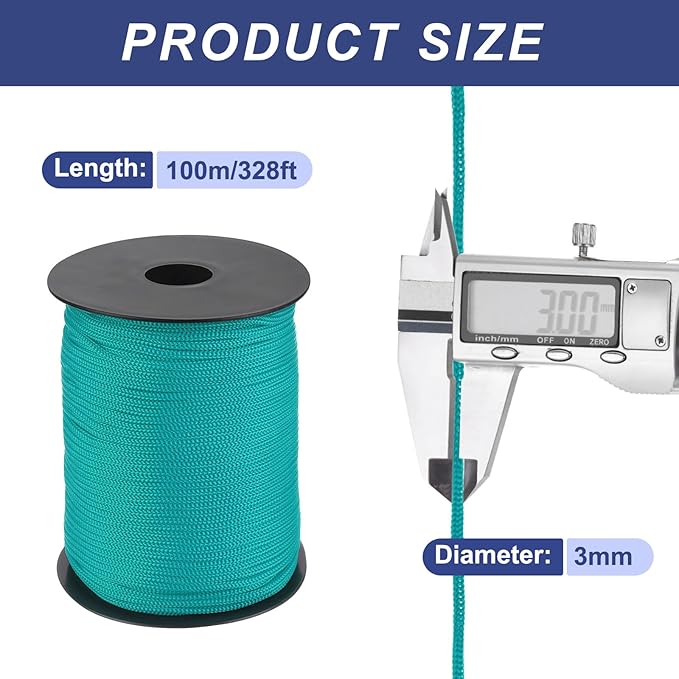 MECCANIXITY 1/8 Inch Polypropylene Rope Braided Ropes, 328ft Nylon Rope Hollow Utility Cord for
