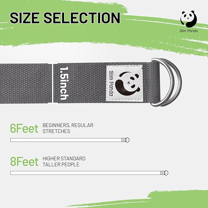 Slim Panda Yoga Strap for Stretching,Cotton Yoga Strap with Adjustable D-Ring Buckle,Non-Elastic