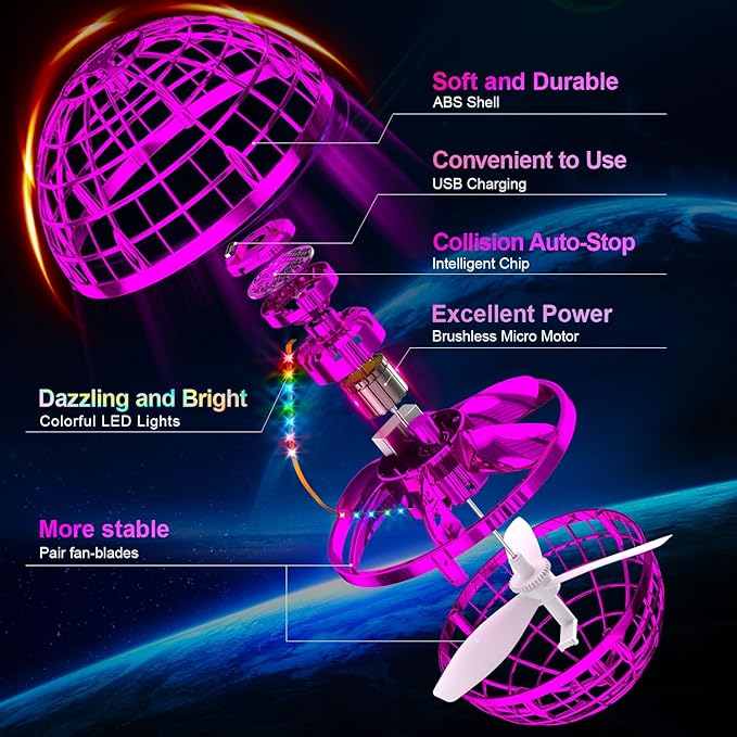 Flying Orb Ball (Pink, 2025 Upgraded) with Dazzling Lights, Magic Hover Spinner, Boomerang Drone