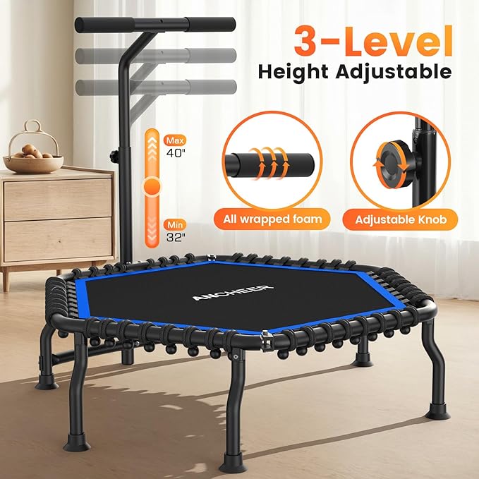 ANCHEER 50" Rebounder Trampoline for Adults- 2025 Foldable Mini Trampoline with Bar- Exercise