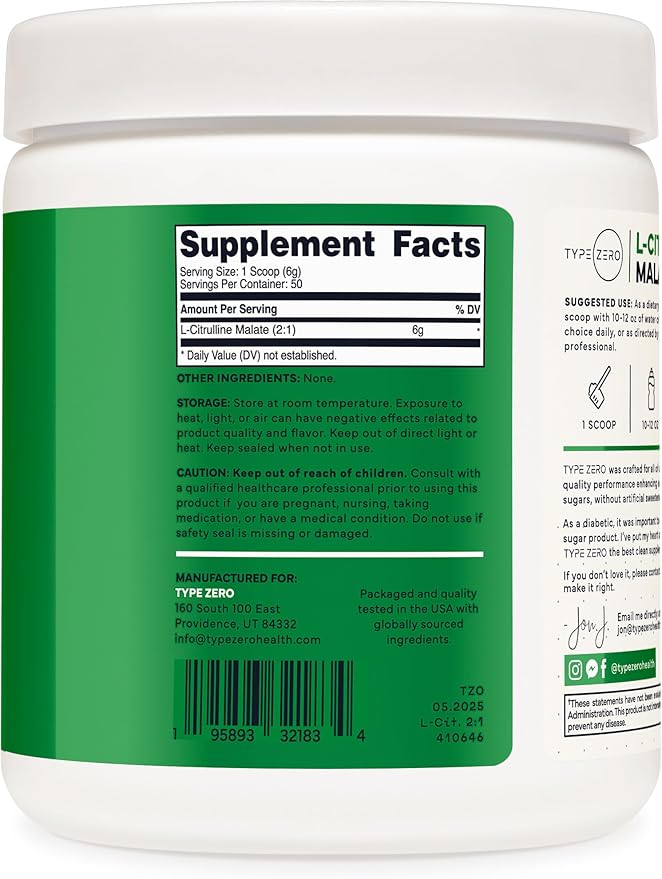 Type Zero L-Citrulline Malate Powder 2:1 6X (300g | 6000mg Per Serving | Unflavored) Ultra Clean L