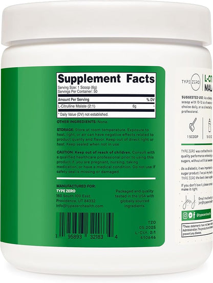 Type Zero L-Citrulline Malate Powder 2:1 6X (300g | 6000mg Per Serving | Unflavored) Ultra Clean L