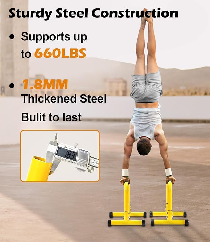 TABEKE Push Up Bar, 14'' High Steel Parallettes & Dip Bar with Full Coverage Foam Handle